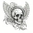 A skull tattoo with a small angel wing and halo, in memory of the child lost at birth, with subtle images of doves flying around to symbolize peace and parenthood tattoo design idea