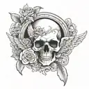 A skull tattoo with a small angel wing and halo, in memory of the child lost at birth, with subtle images of doves flying around to symbolize peace and parenthood tattoo design idea