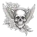 A skull tattoo with a small angel wing and halo, in memory of the child lost at birth, with subtle images of doves flying around to symbolize peace and parenthood tattoo design idea