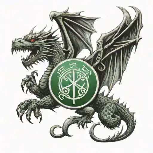 A fierce dragon tattoo with a Celtic FC crest and Catholic symbols intertwined tattoo design idea