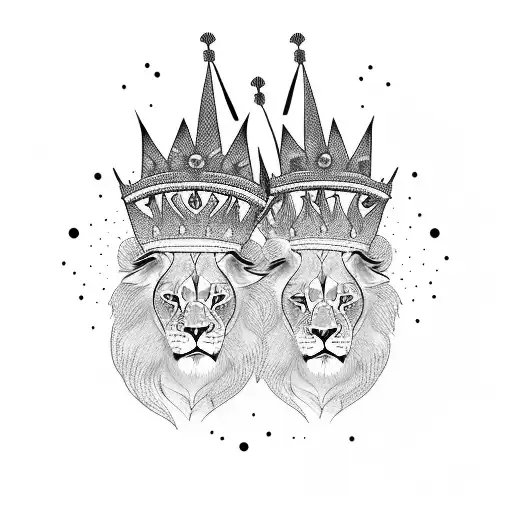 two lion cubs with royal crowns on their  head and tribal design  tattoo design idea