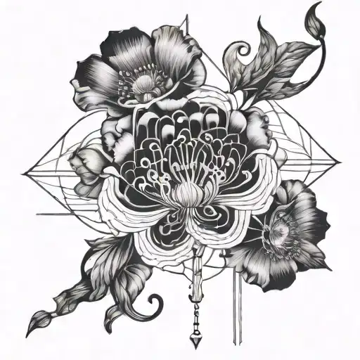 A geometric pattern of musical symbols intertwined with opium poppy flowers tattoo design idea