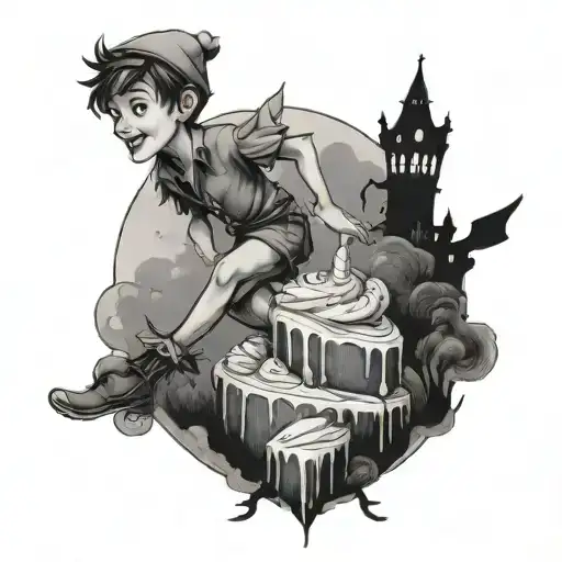 Peter Pan with cake and moon tattoo design idea