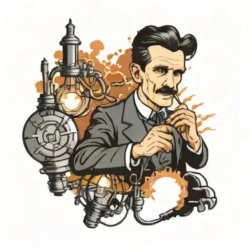 Incorporate a portrait of Nikola Tesla surrounded by electrical bolts and light bulbs tattoo design idea