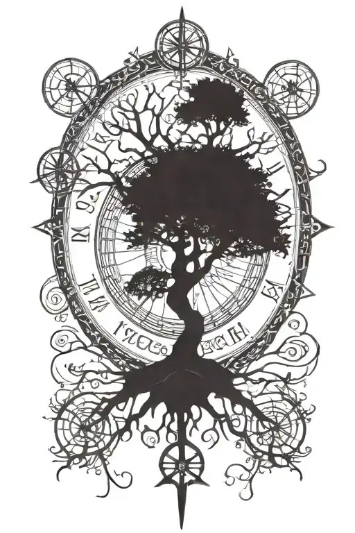 vegvisir compass and yggdrasil tree on leg tattoo design idea