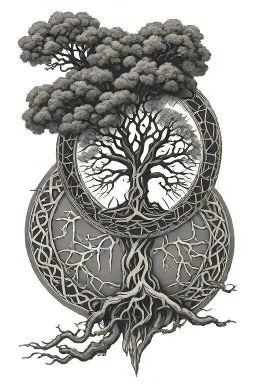 vegvisir and yggdrasil tree on leg tattoo design idea