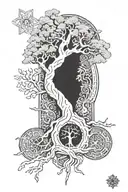 vegvisir and yggdrasil tree on leg tattoo design idea