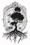 vegvisir compass and yggdrasil tree on leg tattoo design idea