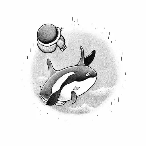 A killer whale wearing headphones and DJing on a surfboard tattoo design idea