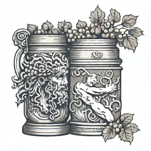 Dionysus, behind a antique beer jar overflowing tattoo design idea