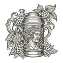 Dionysus, behind a antique beer jar overflowing tattoo design idea