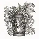 Dionysus, behind a antique beer jar overflowing tattoo design idea
