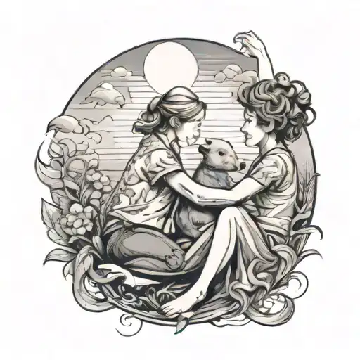 A tattoo of a mother and son playing with animals under the sunshine, with navy-themed elements subtly incorporated in the background tattoo design idea