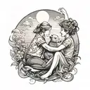 A tattoo of a mother and son playing with animals under the sunshine, with navy-themed elements subtly incorporated in the background tattoo design idea