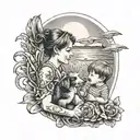 A tattoo of a mother and son playing with animals under the sunshine, with navy-themed elements subtly incorporated in the background tattoo design idea