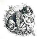 A tattoo of a mother and son playing with animals under the sunshine, with navy-themed elements subtly incorporated in the background tattoo design idea