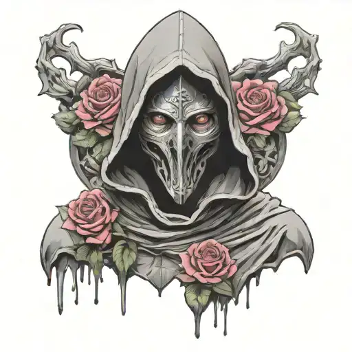 hooded warrior surrounded by roses tattoo design idea