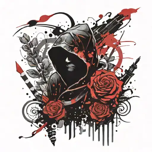 hooded warrior surrounded by glowing roses tattoo design idea