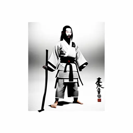 lone japanese samurai wearing a jii jitsu gi at a samurai temple tattoo design idea