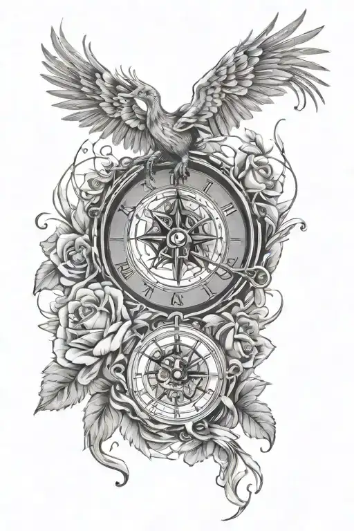 phoenix bird, time turner, roses, 333 angel number tattoo design idea