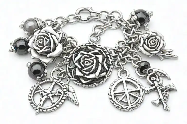 charm bracelet with anti possession charm rose intertwined tattoo design idea