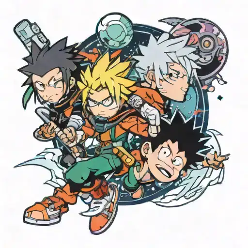 A mash-up tattoo featuring characters from My Hero Academia, Naruto, and Jujutsu Kaisen in a space-themed setting tattoo design idea