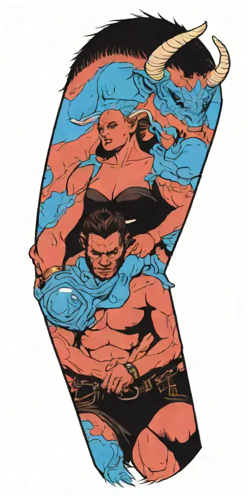 Male Minotaur with captured Female alien  tattoo design idea
