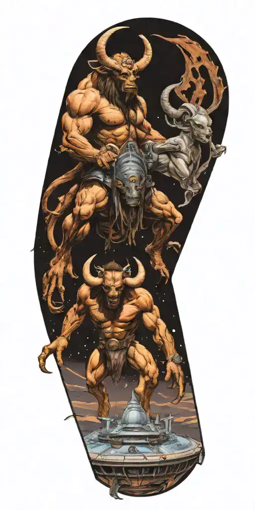  1 Male Minotaur with 1 captured Female alien standing on top of a spaceship tattoo design idea