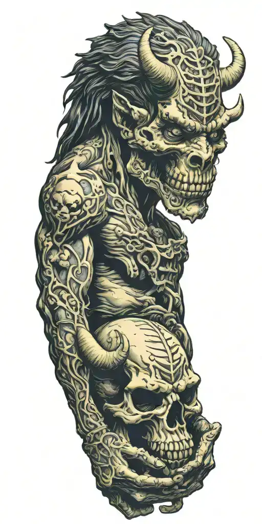 Minotaur head holding alien skull in hands tattoo design idea