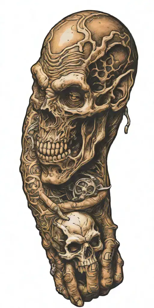 Minotaur head holding alien skull in hands tattoo design idea
