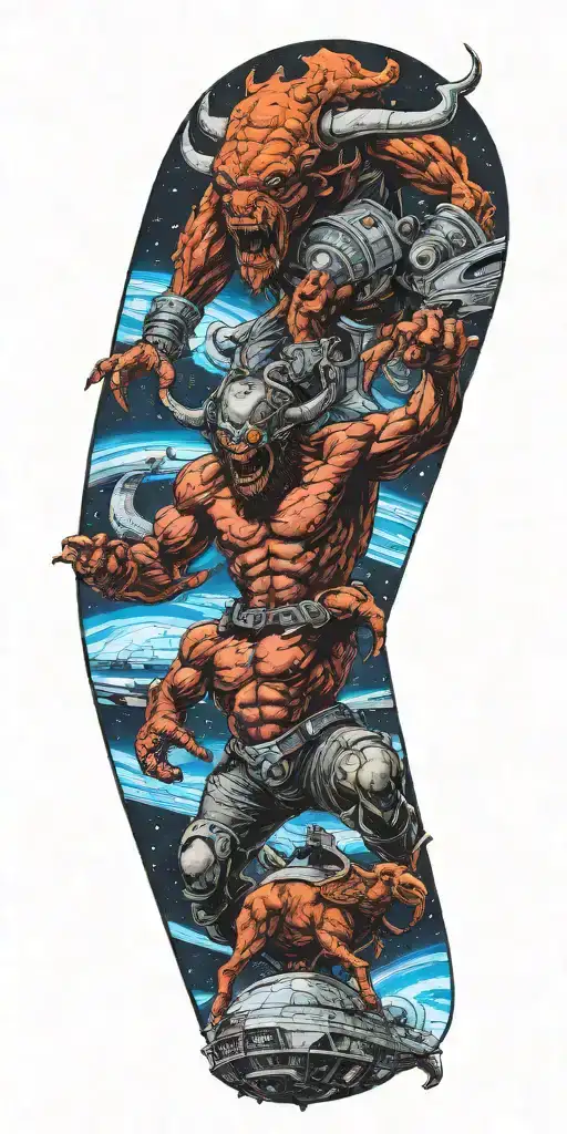  1 Male Minotaur with 1 captured Female alien standing on top of a crashed spaceship tattoo design idea