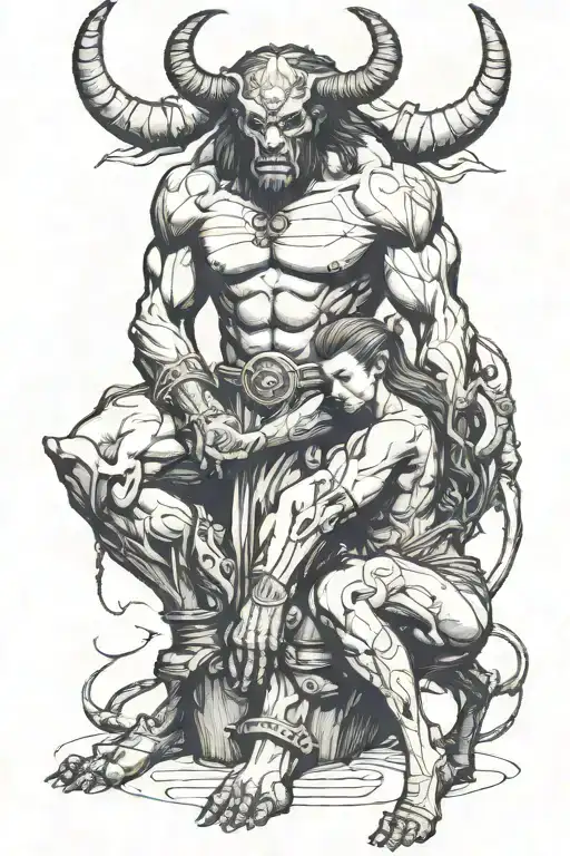 Minotaur standing over top a submissive female sexy alien that is kneeling with her arms behind her back tattoo design idea