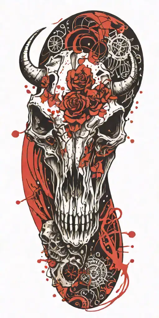 Cow skull with alien skull under tattoo design idea