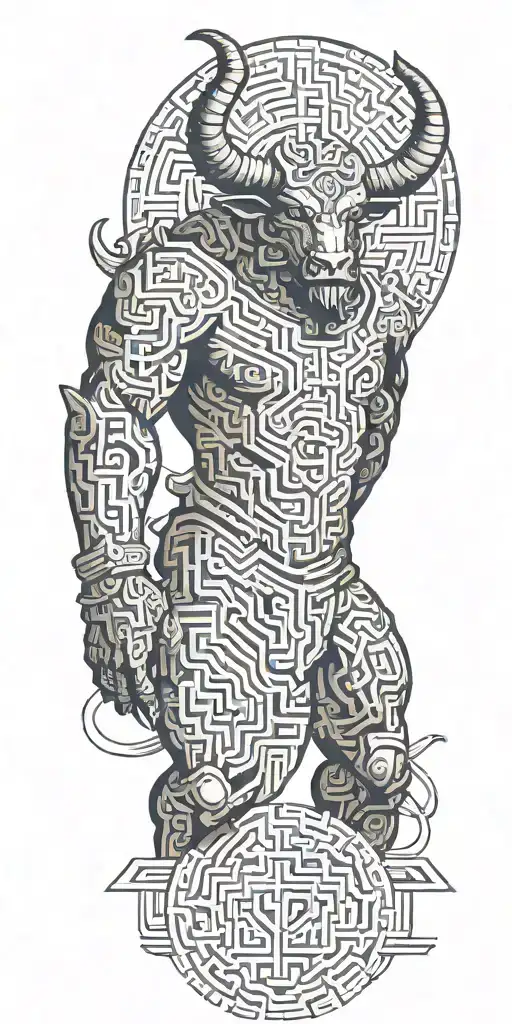 Minotaur with maze and space background, the maze isnt meant to be on the minotaur itself tattoo design idea