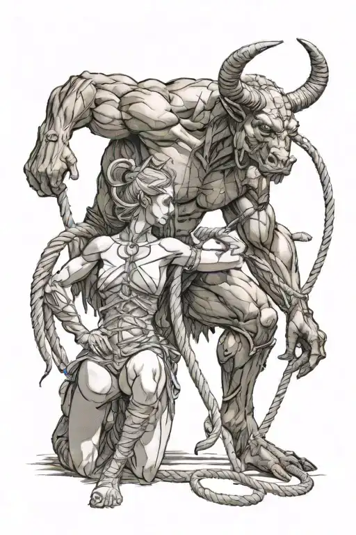 Minotaur standing over top a submissive female sexy alien that is tied in ropes kneeling with her arms behind her back tattoo design idea