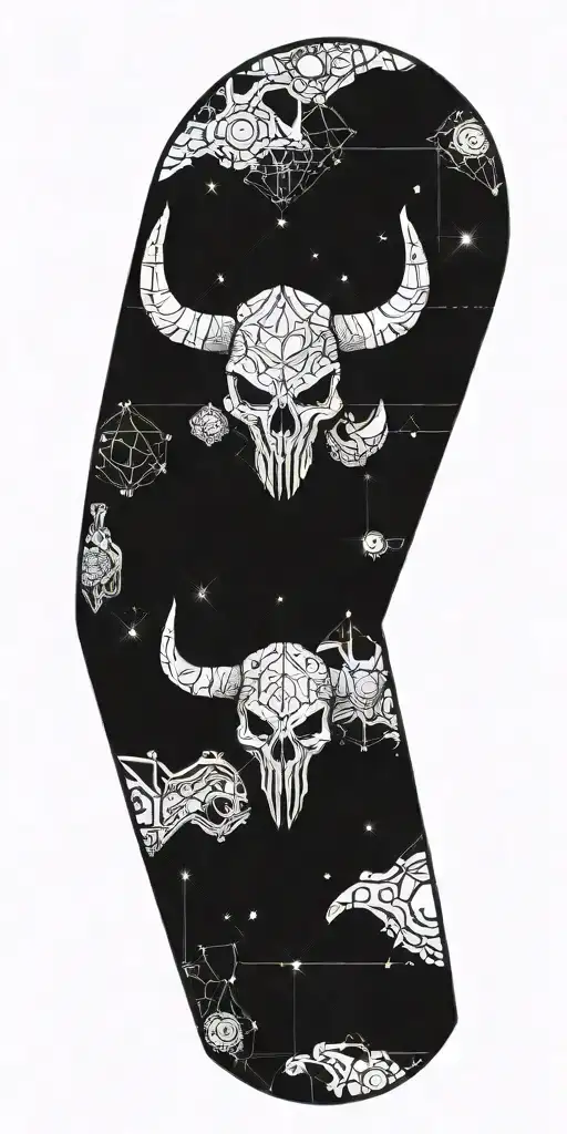Minotaur Skull with Alien Skull and space background with broken alien spaceships tattoo design idea