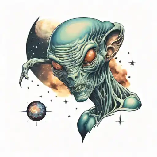 A realistic portrait tattoo of an alien character from a sci-fi anime, with a background of stars and galaxies tattoo design idea