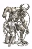 Minotaur standing over top a submissive female sexy alien that is tied in ropes kneeling with her arms behind her back tattoo design idea