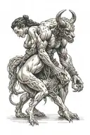 Minotaur standing over top a submissive female sexy alien that is tied in ropes kneeling with her arms behind her back tattoo design idea