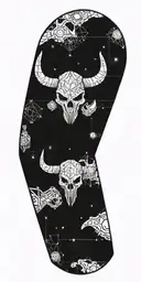 Minotaur Skull with Alien Skull and space background with broken alien spaceships tattoo design idea