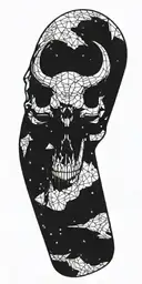 Minotaur Skull with Alien Skull and space background with broken alien spaceships tattoo design idea