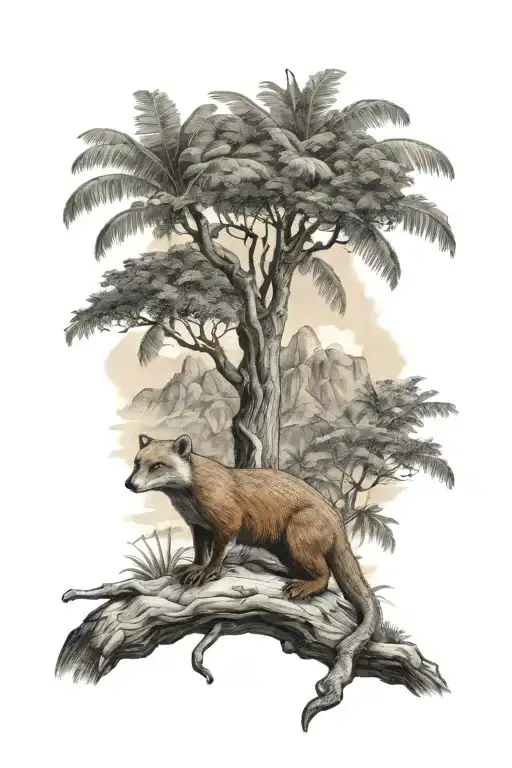 st Lucia mountains with a mongoose and a mango tree tattoo design idea