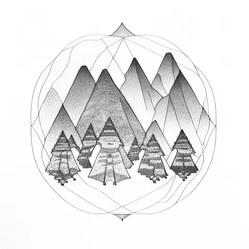 mountain scene with trees merging into the ocean with geometric designs  tattoo design idea
