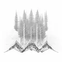 mountain scene with trees merging into the ocean with geometric designs  tattoo design idea