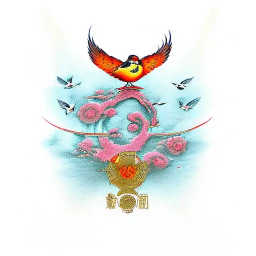 love kanji with birds tattoo design idea