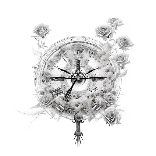 Ankh Symbol made out of roses with a old broken clock behind it tattoo design idea