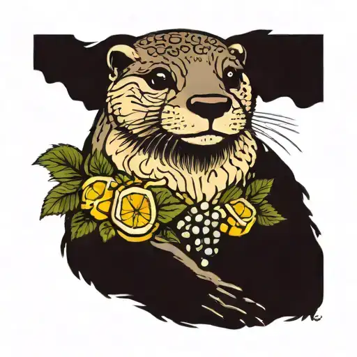 otter with lemon and grapes. flowers and diamond background  tattoo design idea