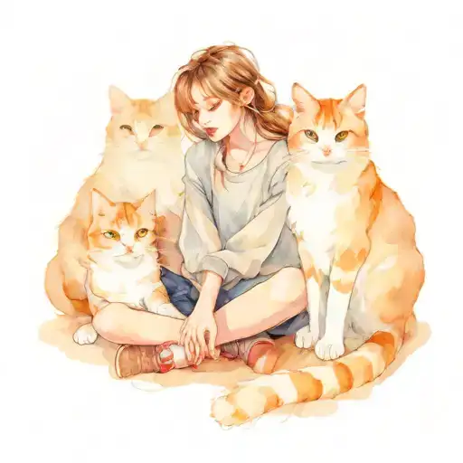 a girl sitting on the floor with two cats, one is very hairy and the other is white tattoo design idea