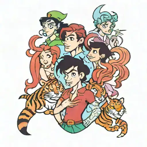 sebastian from little mermaid, nana from peter pan flying, tiger lilly from peter pan, milo from atlantis,max from goofy tattoo design idea