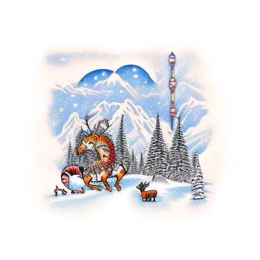 An intricate winter landscape featuring animals found in Brazil tattoo design idea
